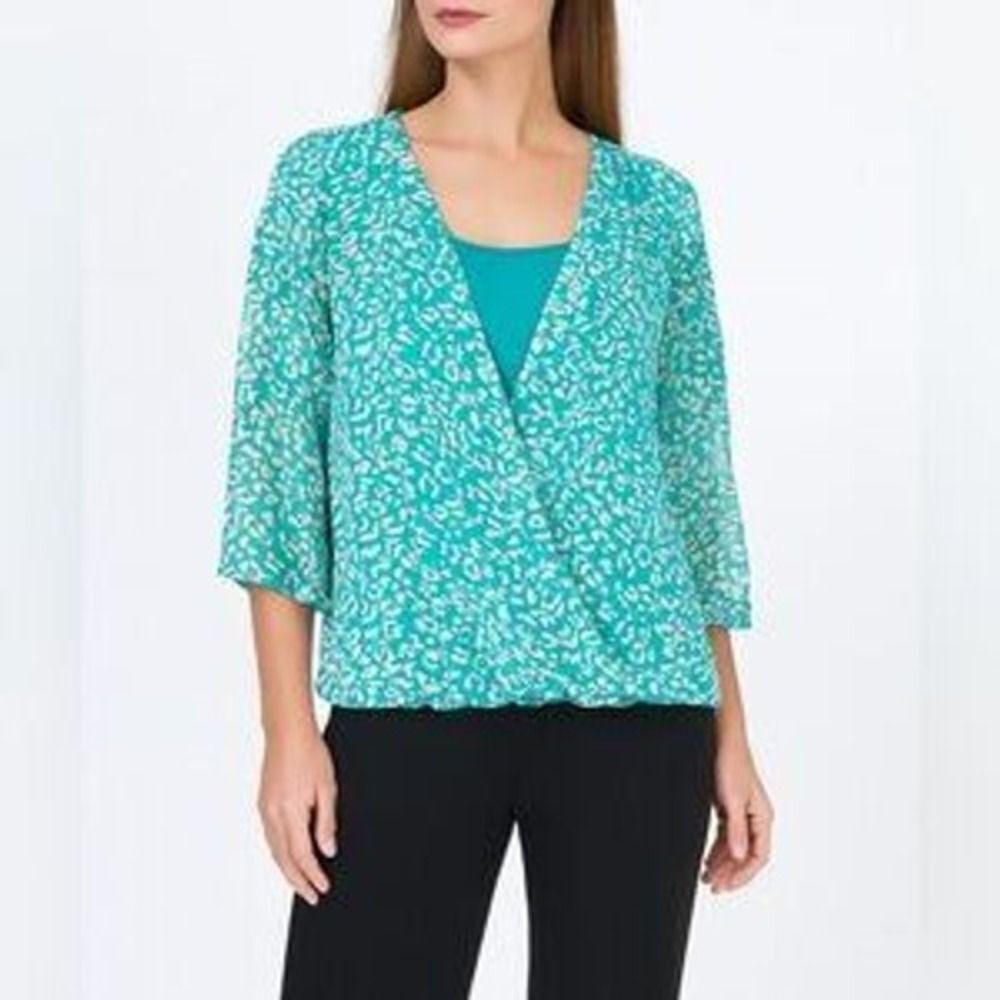 Vintage Blair Womens Blue Sheer AllOver Print Fully Lined Wrap Front Blouse sz M